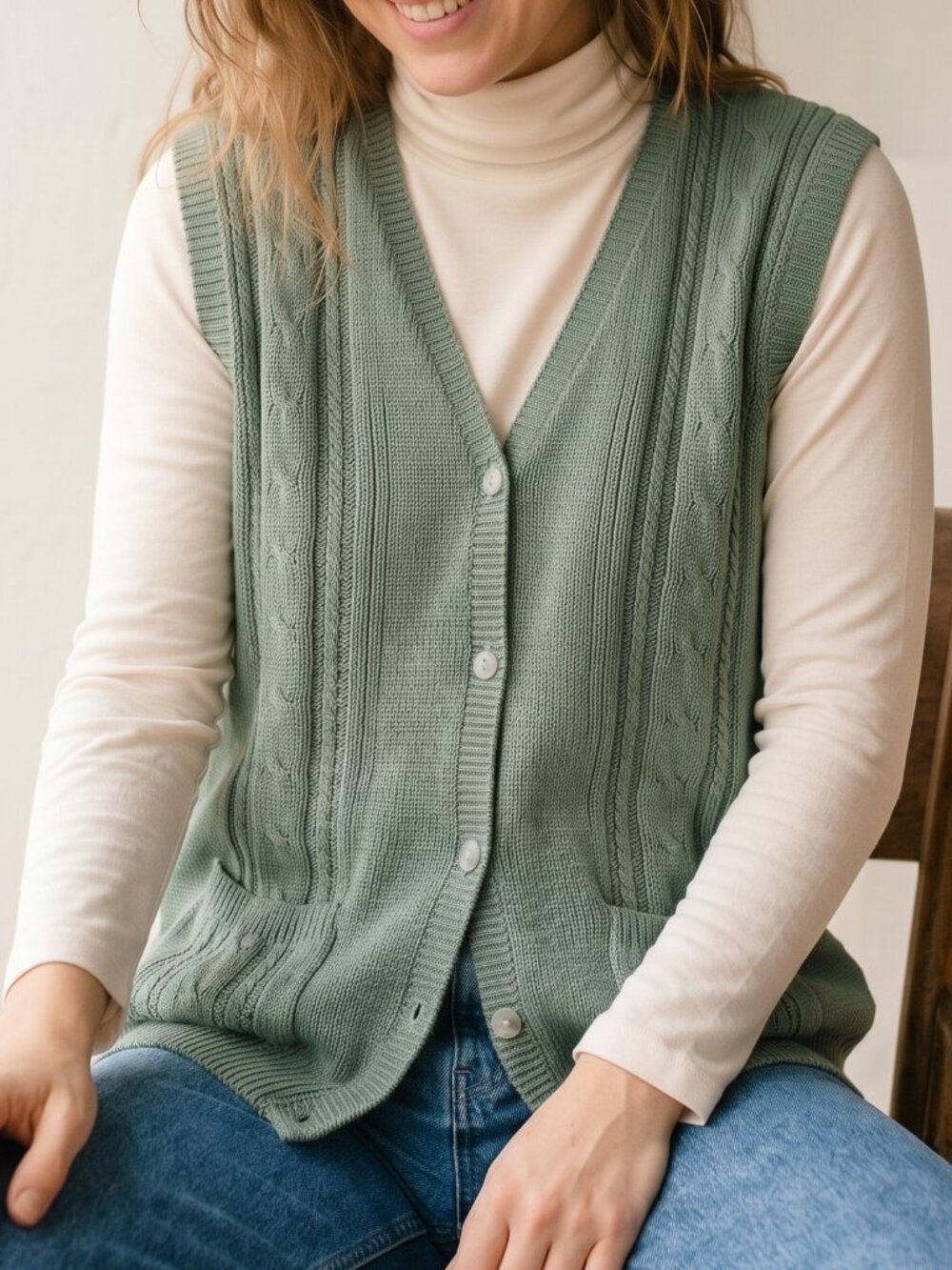Vintage Tabi International Cable Knit Sweater Vest Sage Green Medium